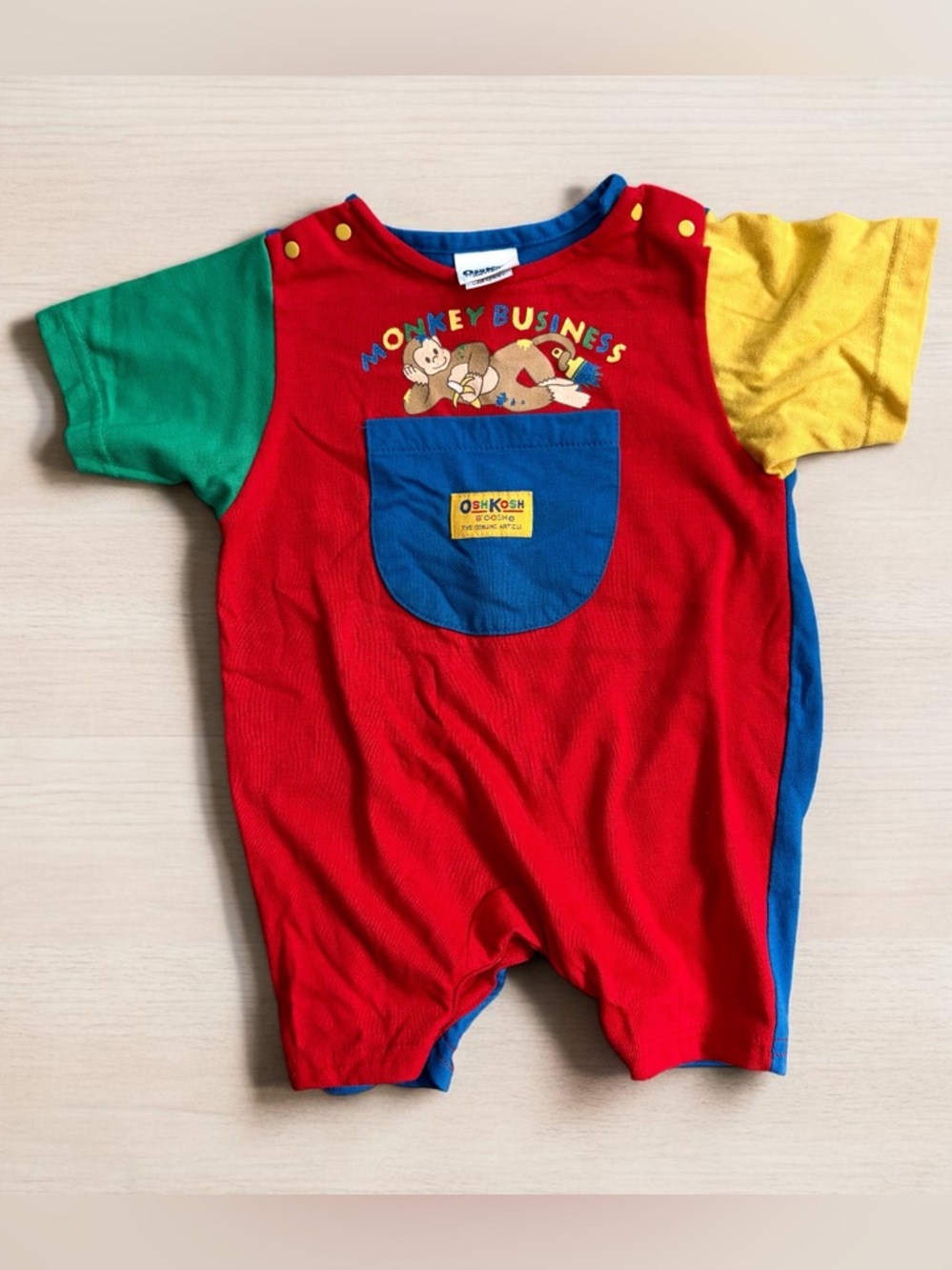 Vintage Oshkosh B'Gosh Romper Sz 18m Monkey Business Shorts Colorblock USA HTF